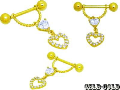 Nippel Gelbgold Hantel Stecker + Gelbgold Herz Anhänger + Multi-Schliff Glitzersteinen.