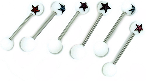 Zungenpiercing/ Nippel & Co Hantel Stecker mit Multi-Color UV Kugeln.